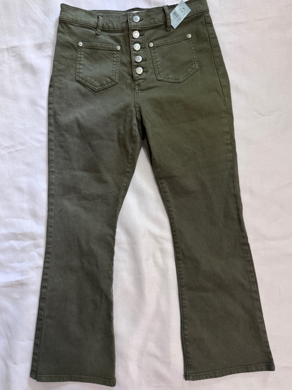 NWT Loft High-Rise Dark Green Button-Fly Kick Crop Flare Jeans Petite Size 2P - Picture 2 of 6